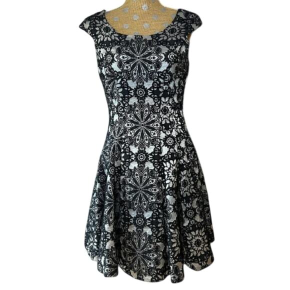 Betsey Johnson Fit Flare Silver Black Full Skirt Short Mini Dress Holiday Party - Picture 1 of 7